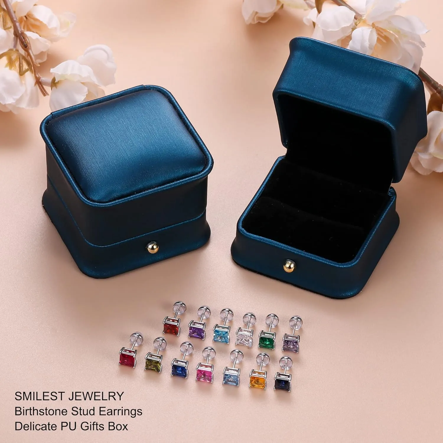 SMILEST Birthstone Stud Earrings for Women Mom, Sparkle Princess Birthstone Jewelry 18K White Gold Plated 925 Sterling Silver Screw Back Solitaire Princess Cut Birthstone Stud Earrings for Women Mom