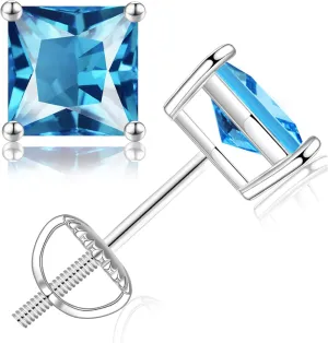 SMILEST Birthstone Stud Earrings for Women Mom, Sparkle Princess Birthstone Jewelry 18K White Gold Plated 925 Sterling Silver Screw Back Solitaire Princess Cut Birthstone Stud Earrings for Women Mom