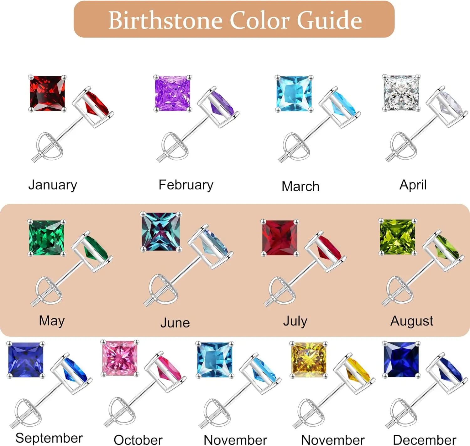 SMILEST Birthstone Stud Earrings for Women Mom, Sparkle Princess Birthstone Jewelry 18K White Gold Plated 925 Sterling Silver Screw Back Solitaire Princess Cut Birthstone Stud Earrings for Women Mom