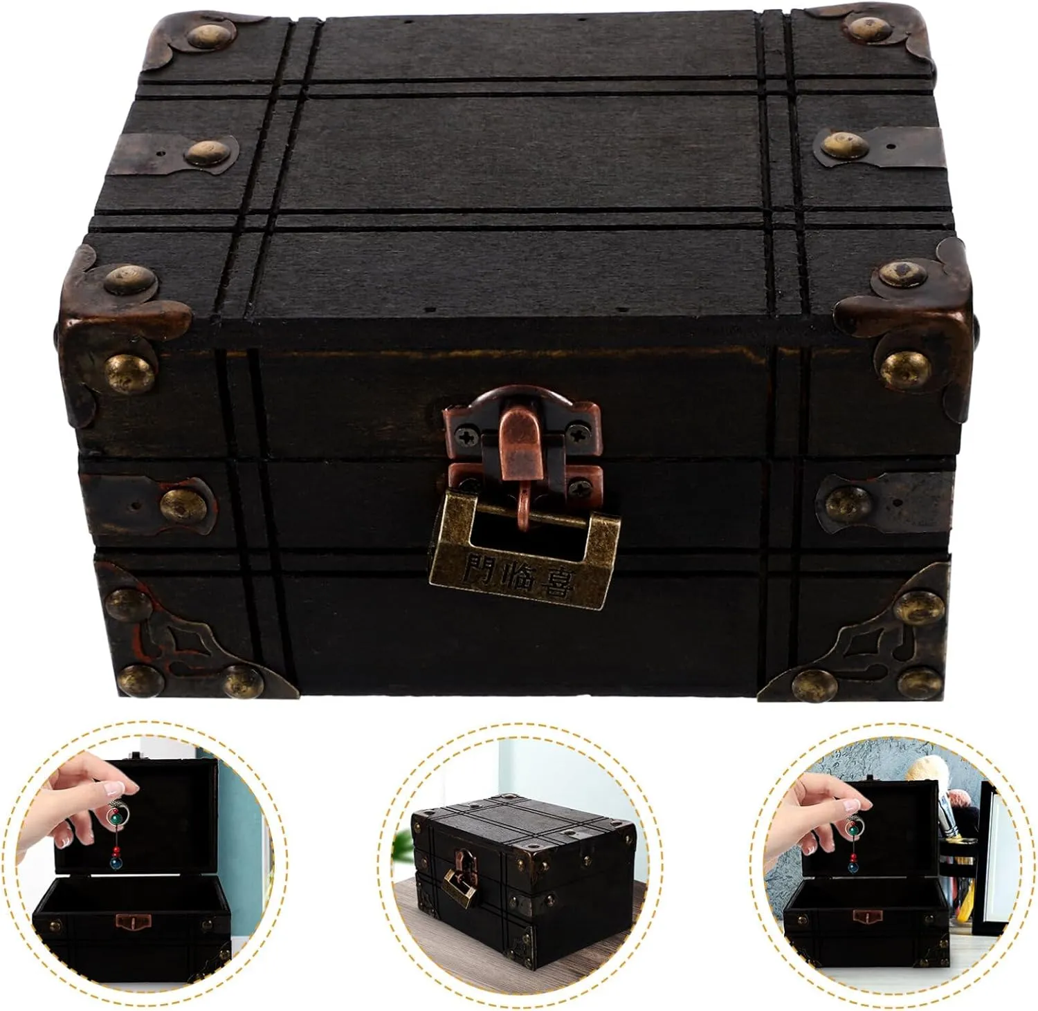 SOIMISS Wooden Shell Jewelry Storage Box Large Lockable Keepsake Box Vintage Style Treasure Chest for
