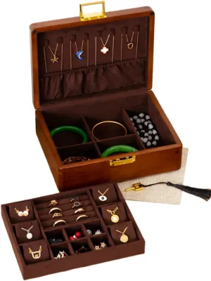 Solid Walnut Wood Jewelry Box with Lock,2 Layer Velvet Wood Jewelry Organizer Storage Lined for Earrings Rings Necklaces Bracelets Cufflink Gift Idea for Men Women, Vintage Brown
