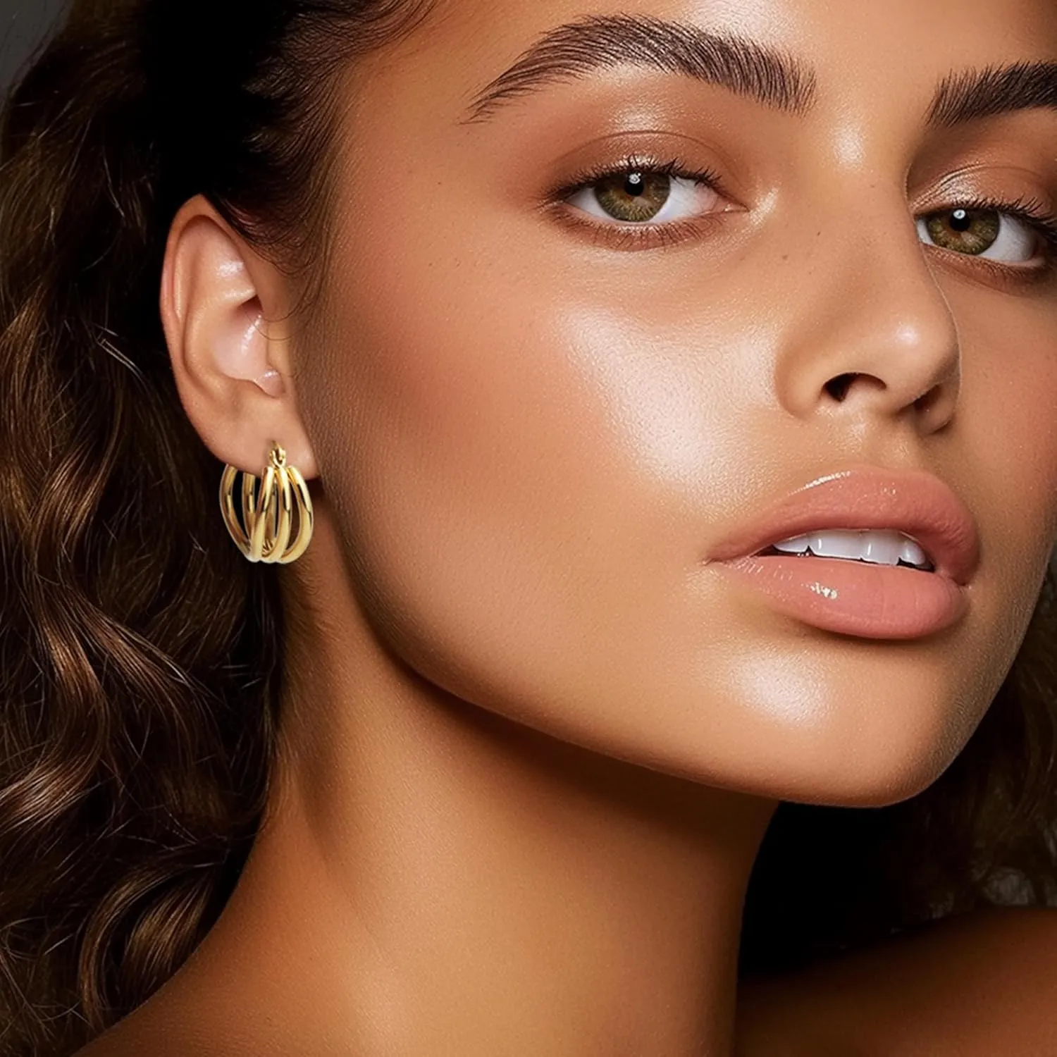 Sonateomber Chunky Open C Triple Hoop Statement Stud Earrings for Women - Fashion Trendy Cute Large Big Split Summer Jewelry Gift