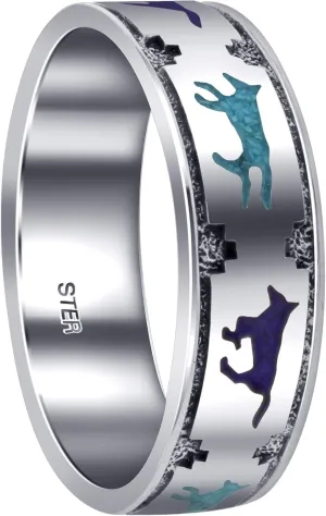 Southwestern Style Turquoise & Lapis Wolf 925 Silver 7mm Band 10