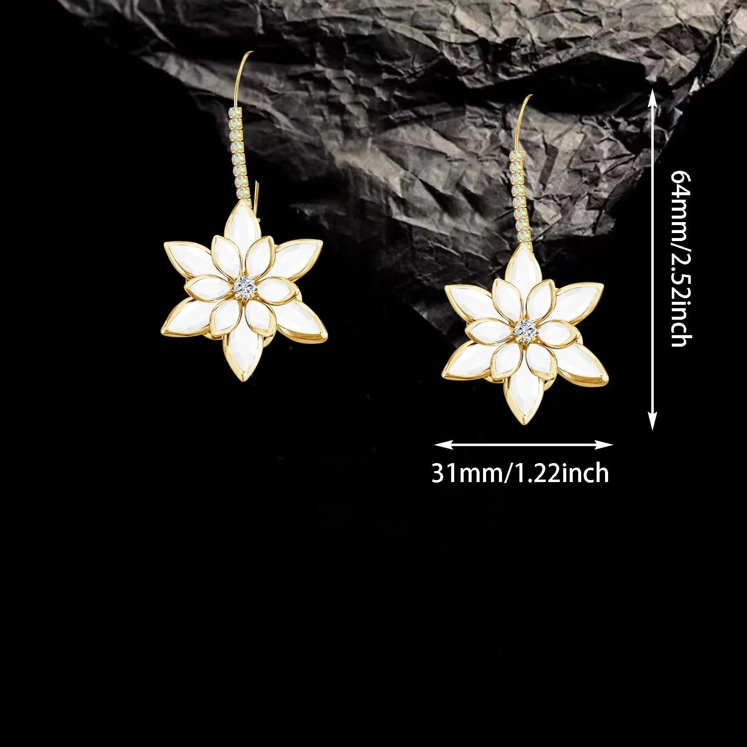 Sparkly Crystal Flower Dangle Drop Earrings 14K Gold Rhinestone Snowflake Leverback Hoop Earrings For Women