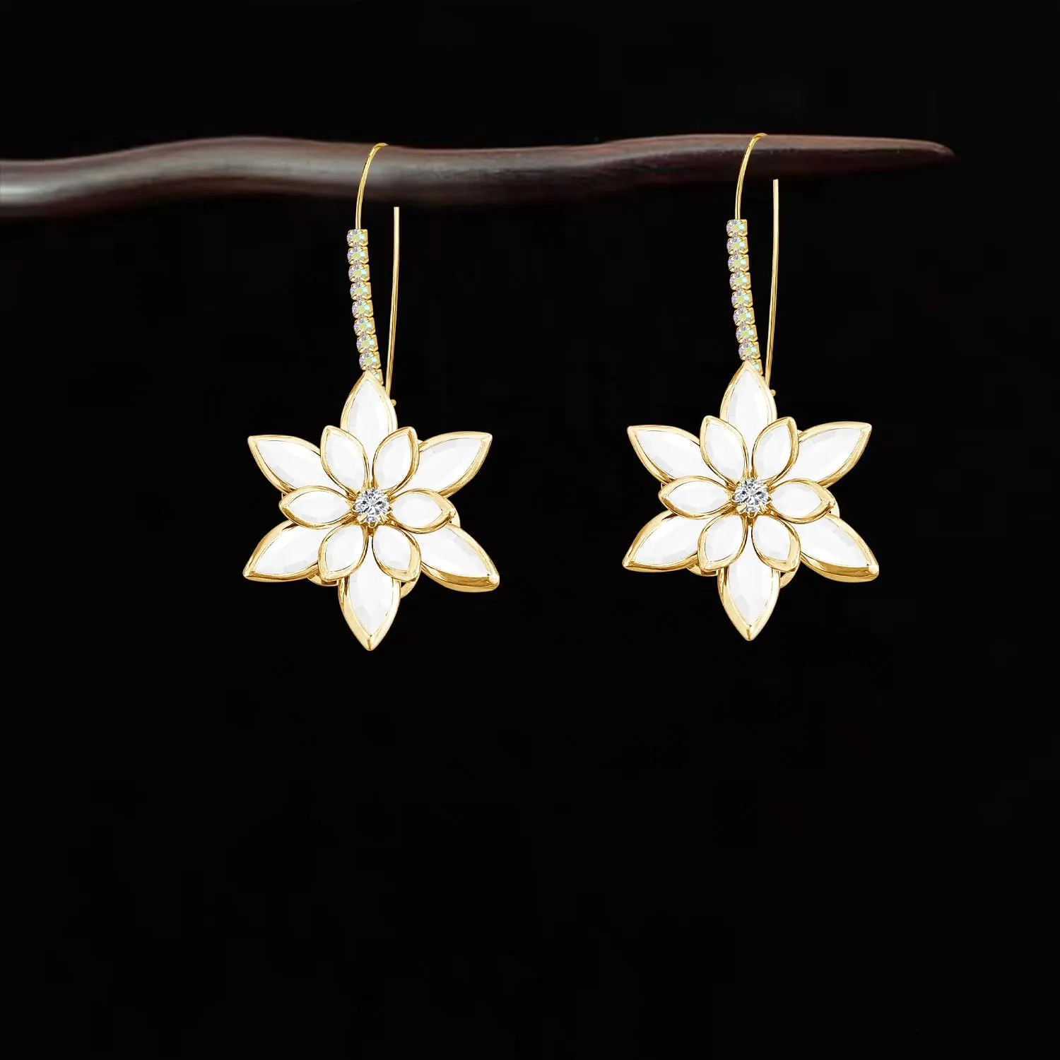 Sparkly Crystal Flower Dangle Drop Earrings 14K Gold Rhinestone Snowflake Leverback Hoop Earrings For Women