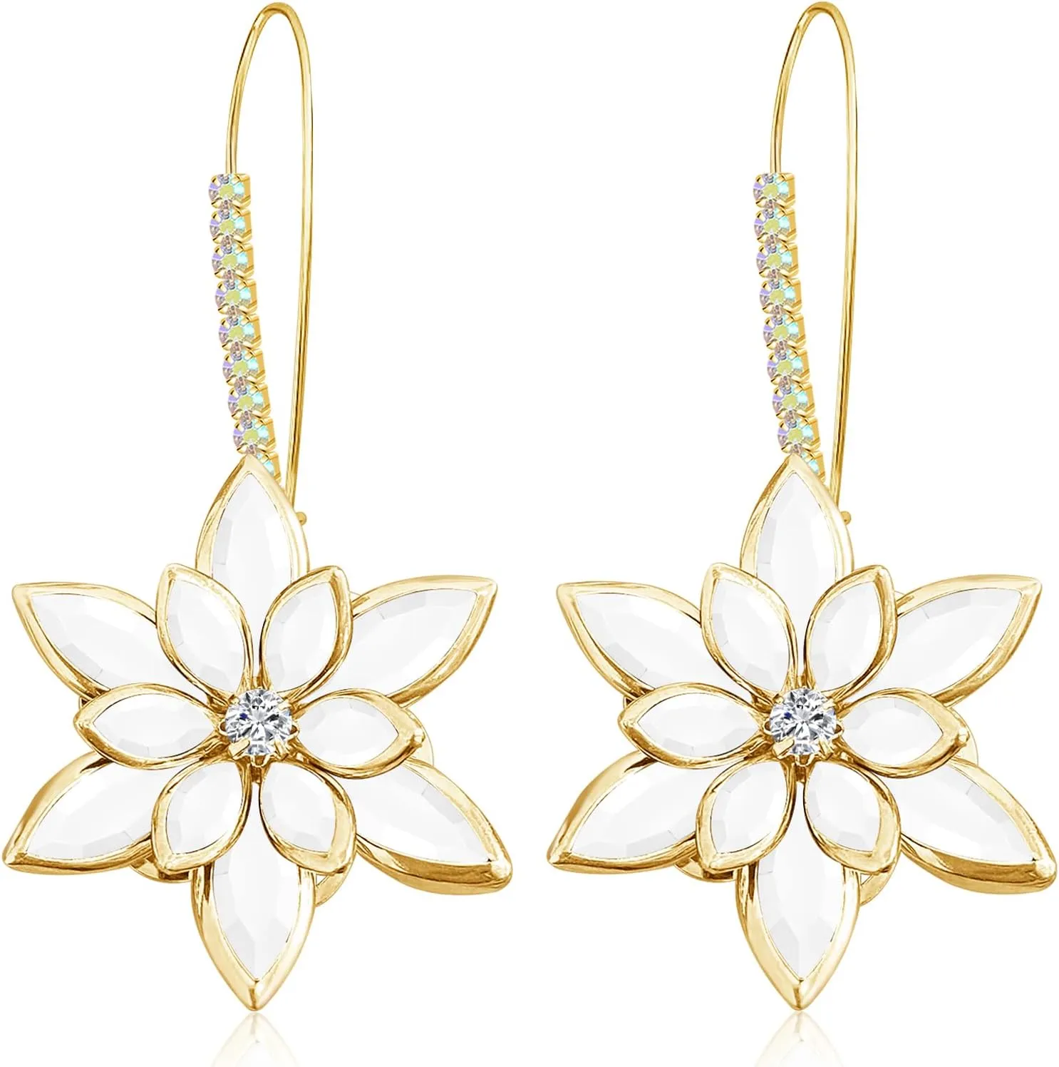 Sparkly Crystal Flower Dangle Drop Earrings 14K Gold Rhinestone Snowflake Leverback Hoop Earrings For Women