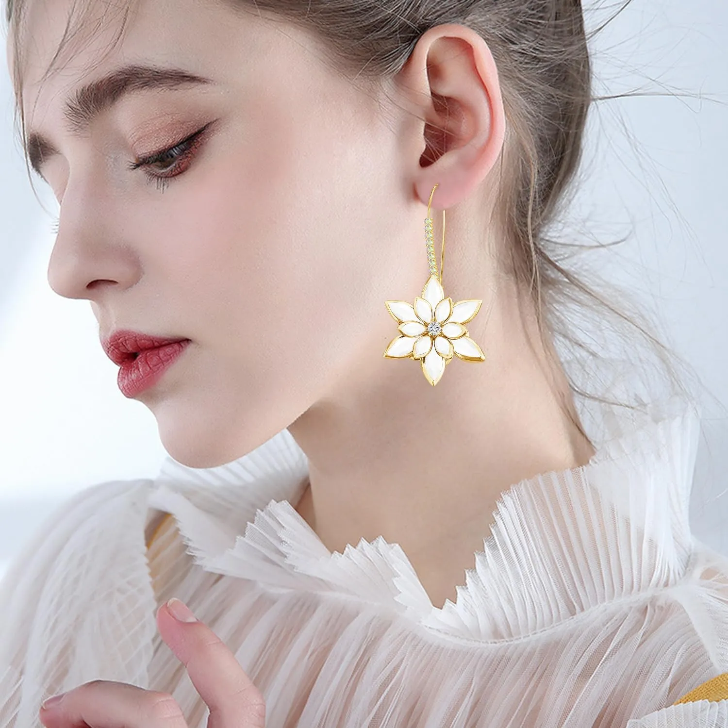 Sparkly Crystal Flower Dangle Drop Earrings 14K Gold Rhinestone Snowflake Leverback Hoop Earrings For Women