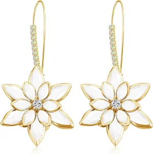Sparkly Crystal Flower Dangle Drop Earrings 14K Gold Rhinestone Snowflake Leverback Hoop Earrings For Women