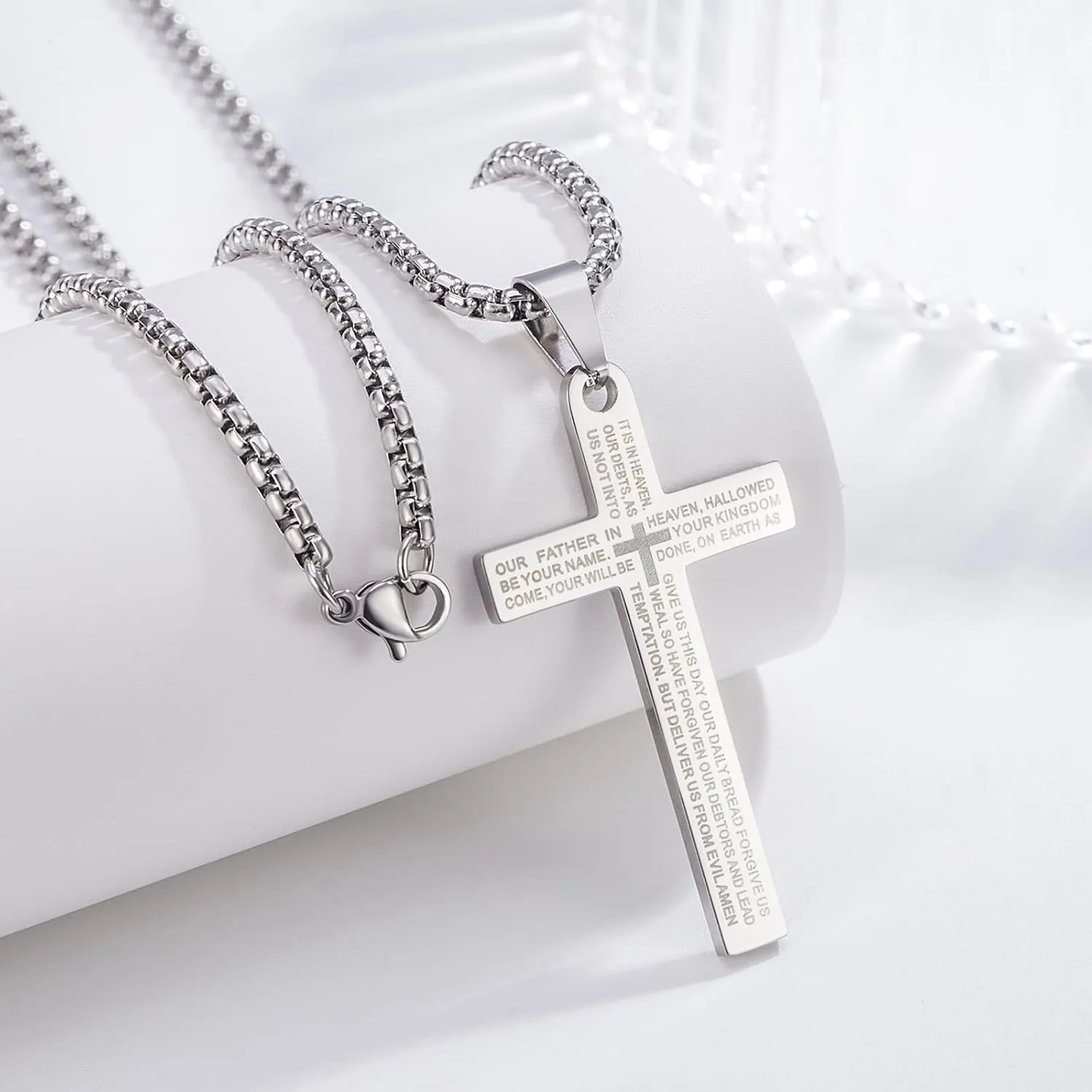 Stainless Steel Cross Necklace Lord's Prayer Pendant, Intricate Engraving for Men Women, Faith & Protection with Chain