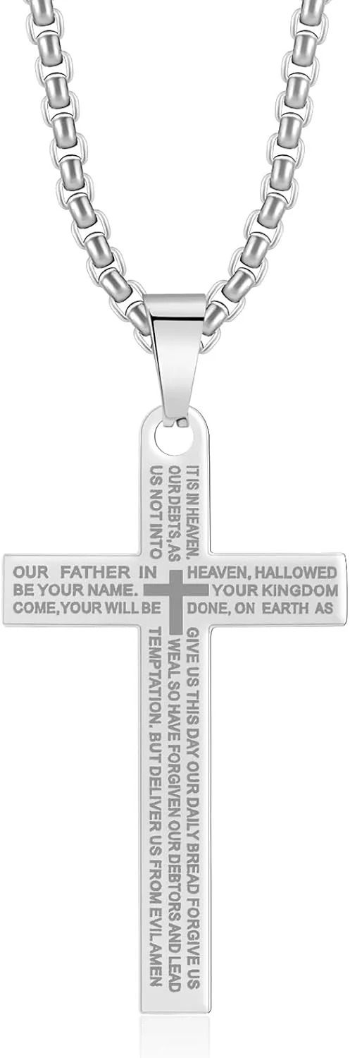 Stainless Steel Cross Necklace Lord's Prayer Pendant, Intricate Engraving for Men Women, Faith & Protection with Chain