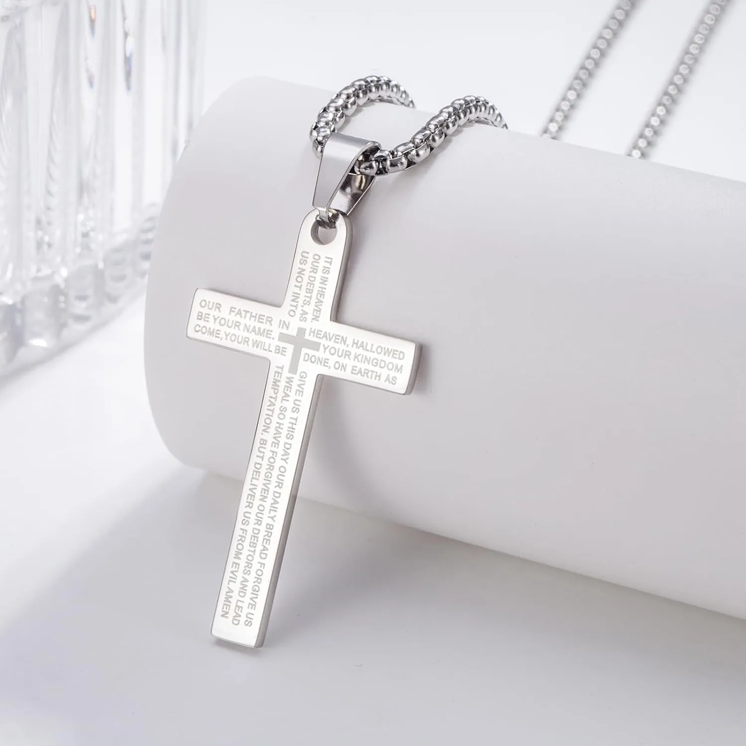 Stainless Steel Cross Necklace Lord's Prayer Pendant, Intricate Engraving for Men Women, Faith & Protection with Chain