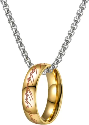 Stainless Steel Gold The One Ring and Engraved Retro Silver One Ring Chain Pendant Necklace for Women Men,Size 9