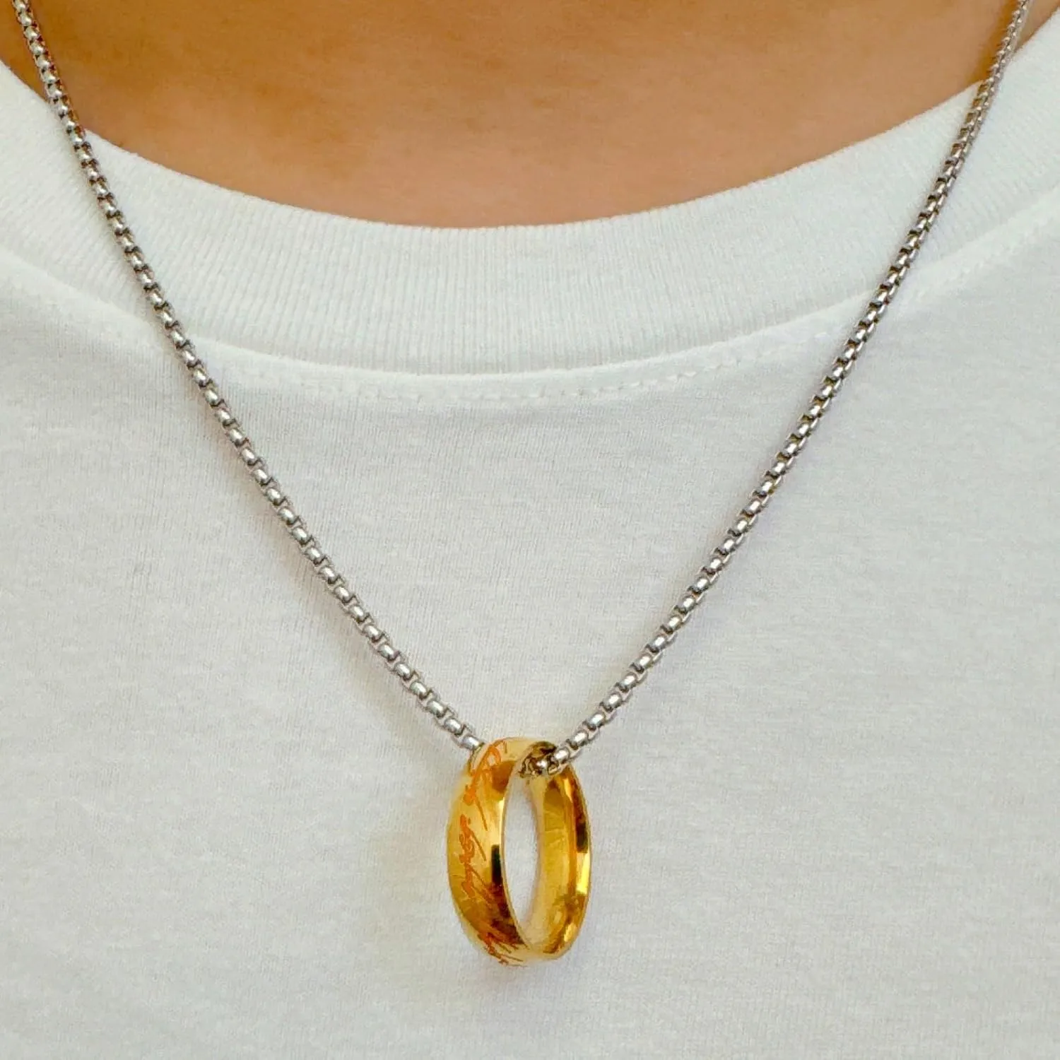 Stainless Steel Gold The One Ring and Engraved Retro Silver One Ring Chain Pendant Necklace for Women Men,Size 9