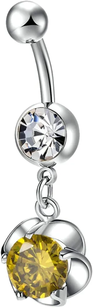 Stainless Steel Hoop Belly Button Rings, Crystal Rose Gold Navel Rings for Women Hollow Flower Green Navel Ring