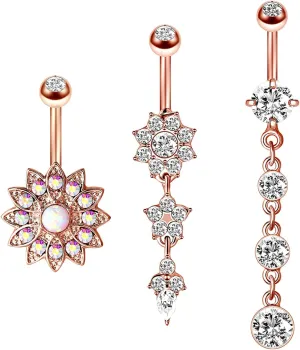 Stainless Steel Navel Ring, CZ Navel Rings for Women Cheap Flower Pendant Rose Gold Belly Rings