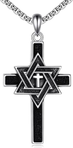 Star of David Cross Necklace Sterling Silver Jewish Star Pendant Necklace Judeo Christian Religious Jewelry Gift for Men Women