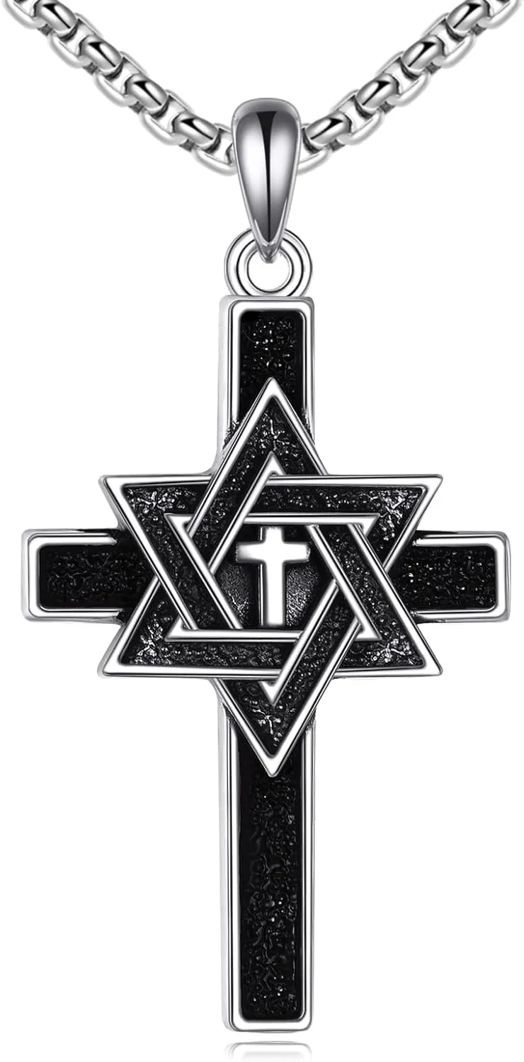 Star of David Cross Necklace Sterling Silver Jewish Star Pendant Necklace Judeo Christian Religious Jewelry Gift for Men Women