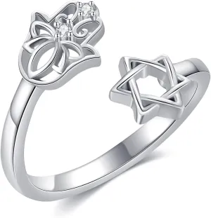 Star of David Rings 925 Sterling Silver Star and Hamsa Adjustable Rings for Women Lucky Jewish Jewelry for Women
