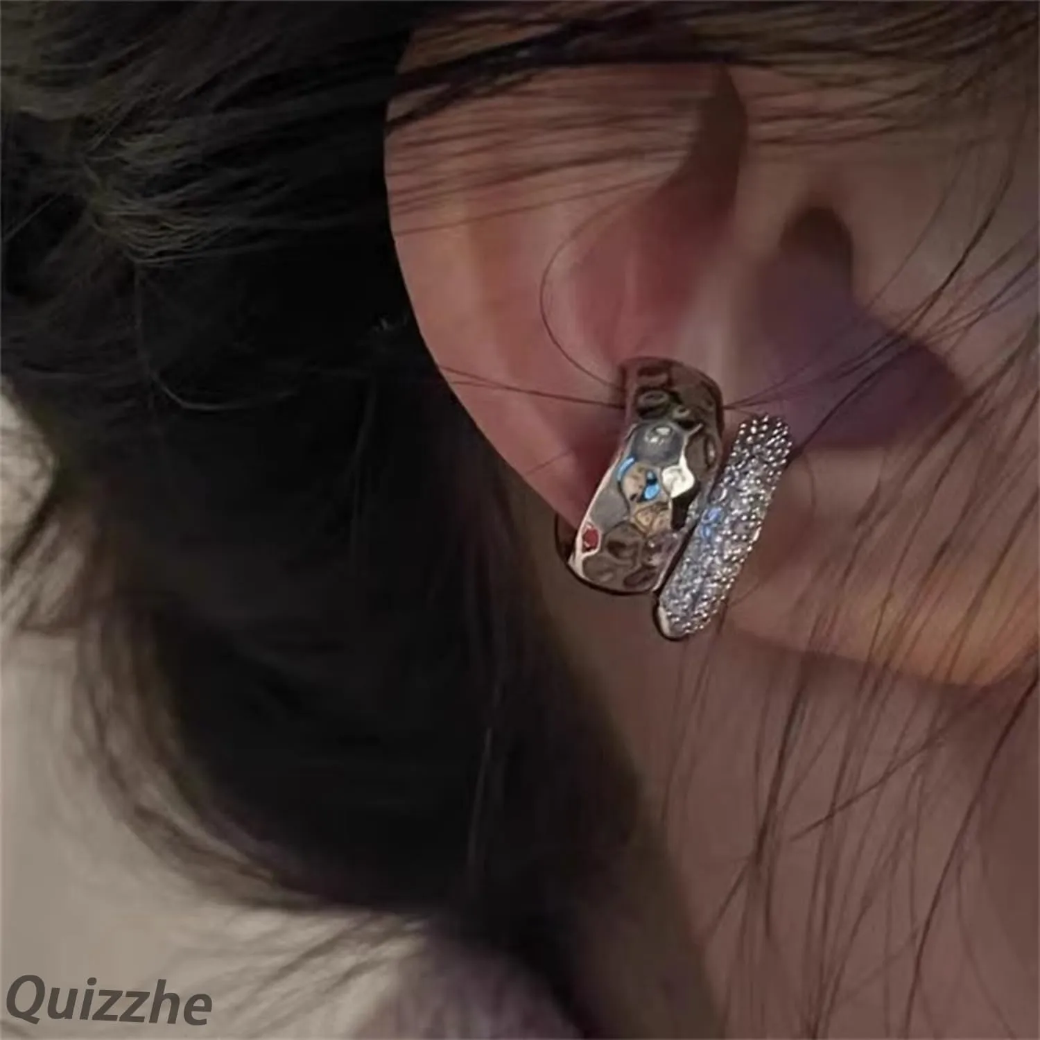 Statement Double Layer Chunky Hoop Earrings 1PCS Gold Sparkly Diamond Ear Cuffs Thick Hoop Earrings Non Piercing Clip On Cartilage Earrings Trendy Jewelry for Women
