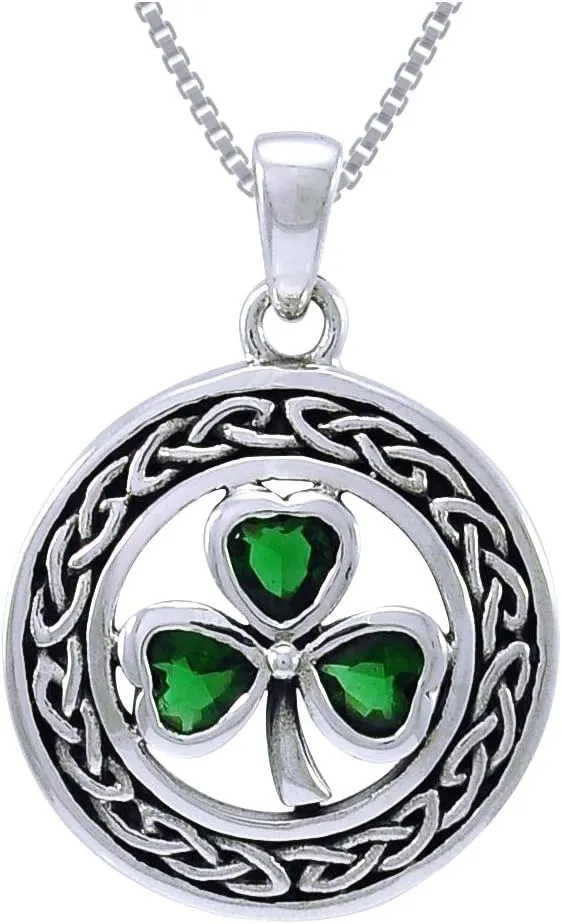 Sterling Silver Celtic Clover Shamrock Pendant Necklace 18" Green