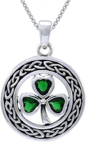 Sterling Silver Celtic Clover Shamrock Pendant Necklace 18" Green