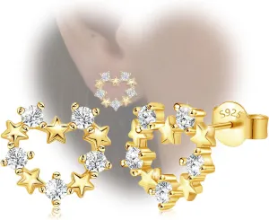 Sterling Silver Gold Star Stud Earrings with Cubic Zirconia Hypoallergenic Fashion Heart Earrings for Sensitive Ears for Women