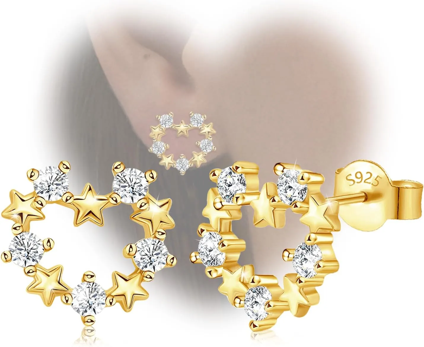 Sterling Silver Gold Star Stud Earrings with Cubic Zirconia Hypoallergenic Fashion Heart Earrings for Sensitive Ears for Women