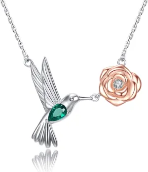 Sterling Silver Hummingbird Necklaces for Women - Gold Plated Bird Flower Pendant Embellished With Shining Zirconia Jewelry Mother's day Gifts For Woman Wife Mom