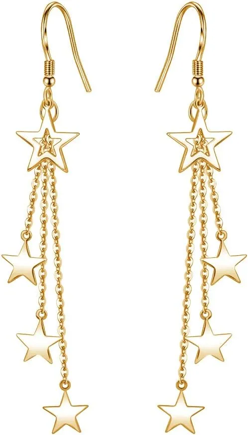Sterling Silver Long Dangle Drop tassel star meteor earrings For Women