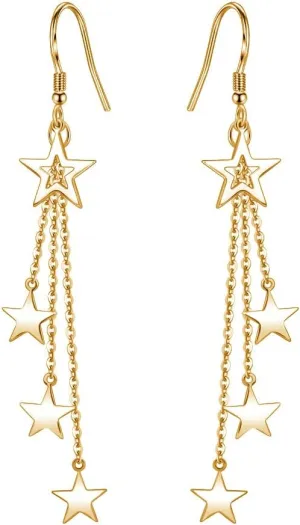 Sterling Silver Long Dangle Drop tassel star meteor earrings For Women