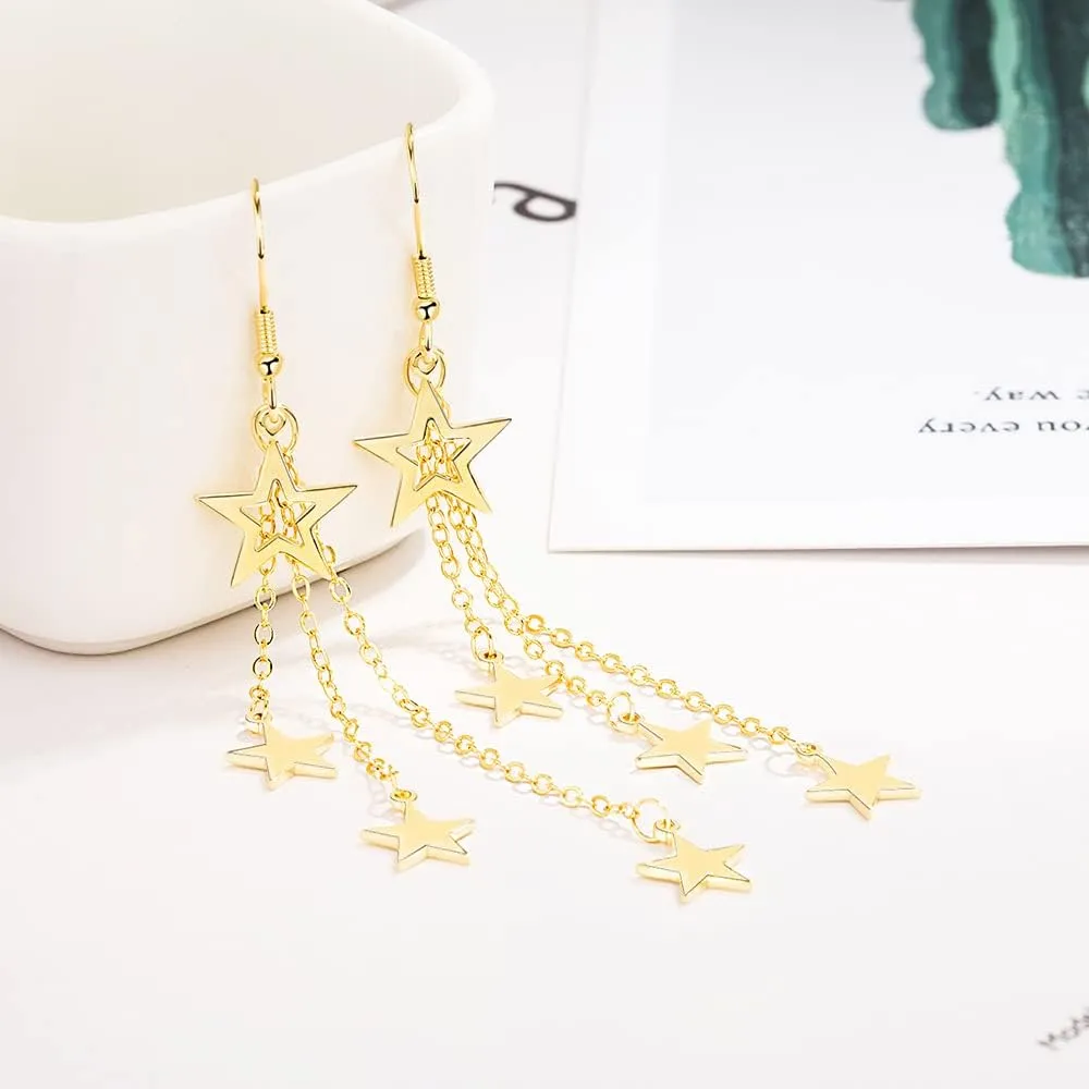 Sterling Silver Long Dangle Drop tassel star meteor earrings For Women