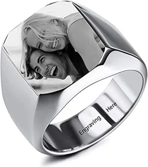 Sterling Silver Personalized Signet Ring Engraving Blank Picture Memorial Custom Photo Jewelry for Men Women Couple