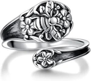 Sterling Silver Spoon Ring for Women Bee Cross Vintage Adjustable Bees Flower Spoon Rings for Thumb Rings Jewelry Gifts for Mom Grandma (Bee)