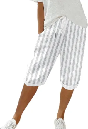 Striped Capri Women Linen Pants Cropped Lightweight Summer Elastic Waist Pocket for Women 2025 Loose Pinstripe Pants