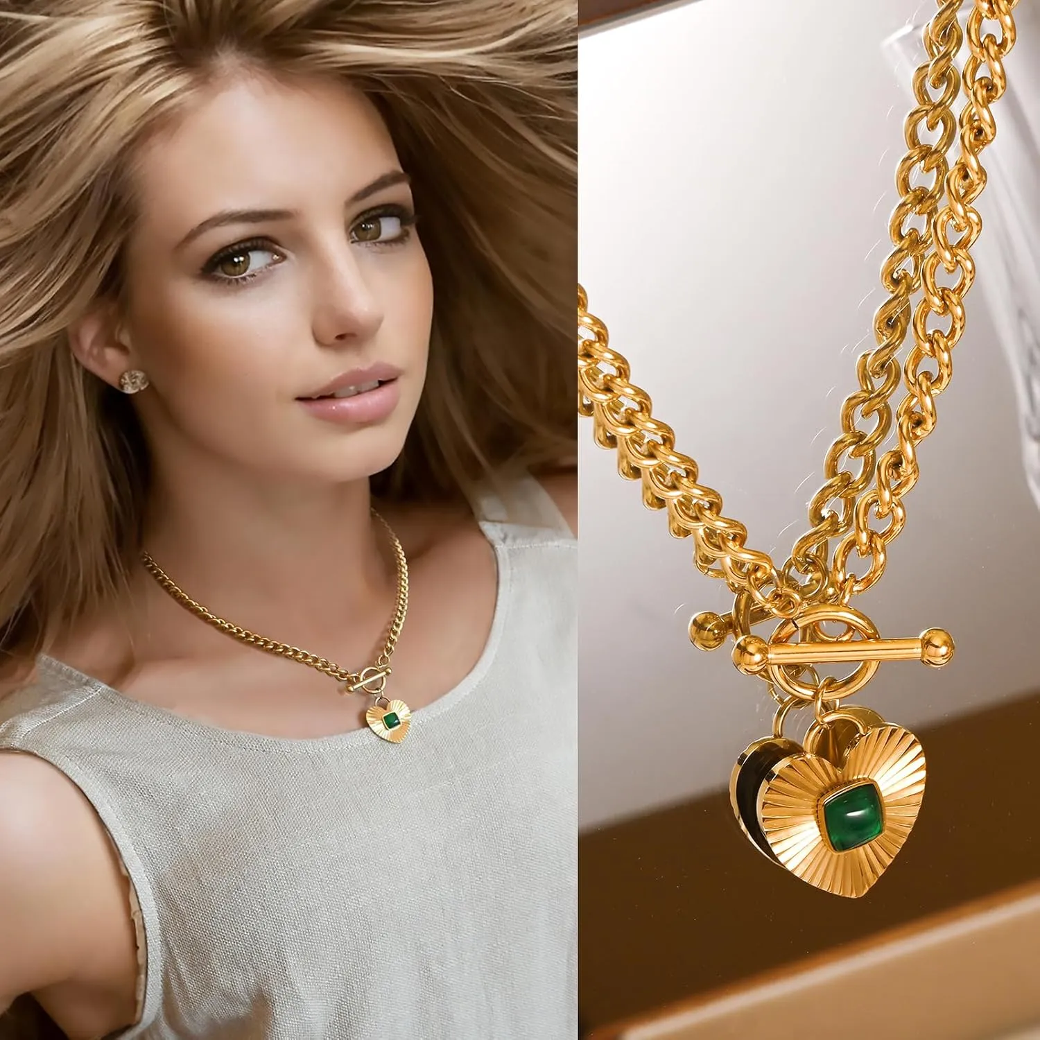 Sun Heart Necklace for Women 18K Gold Plated Heart Pendent Necklace Chunky Chain Choker Necklace Hip Hop Charm Necklace Unisex Necklace