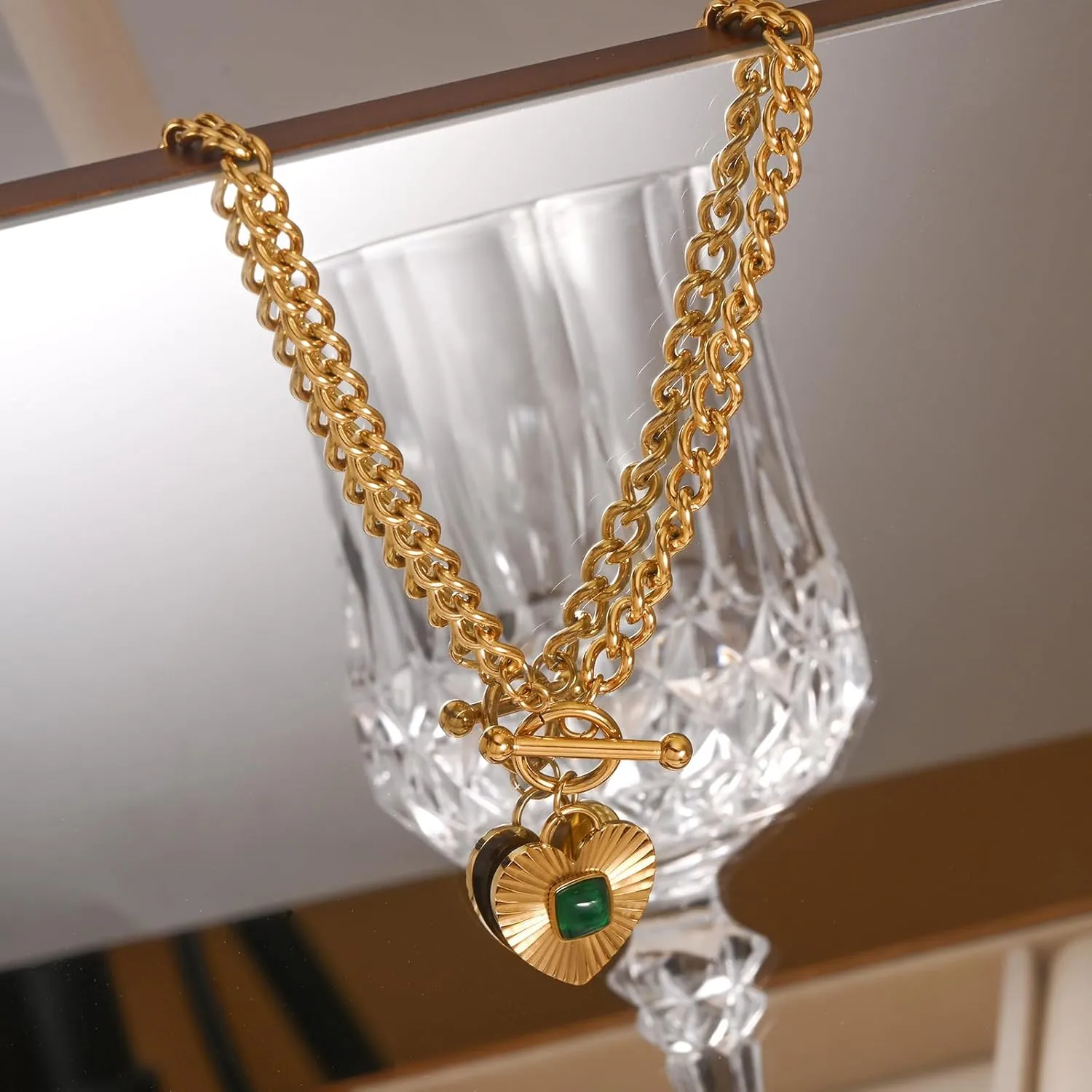 Sun Heart Necklace for Women 18K Gold Plated Heart Pendent Necklace Chunky Chain Choker Necklace Hip Hop Charm Necklace Unisex Necklace