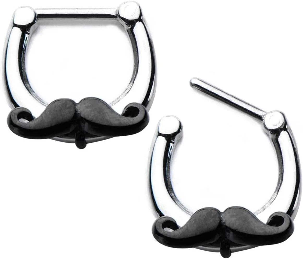 Surgical Steel Septum Clicker Ring 16 Gauge With Black Mustache