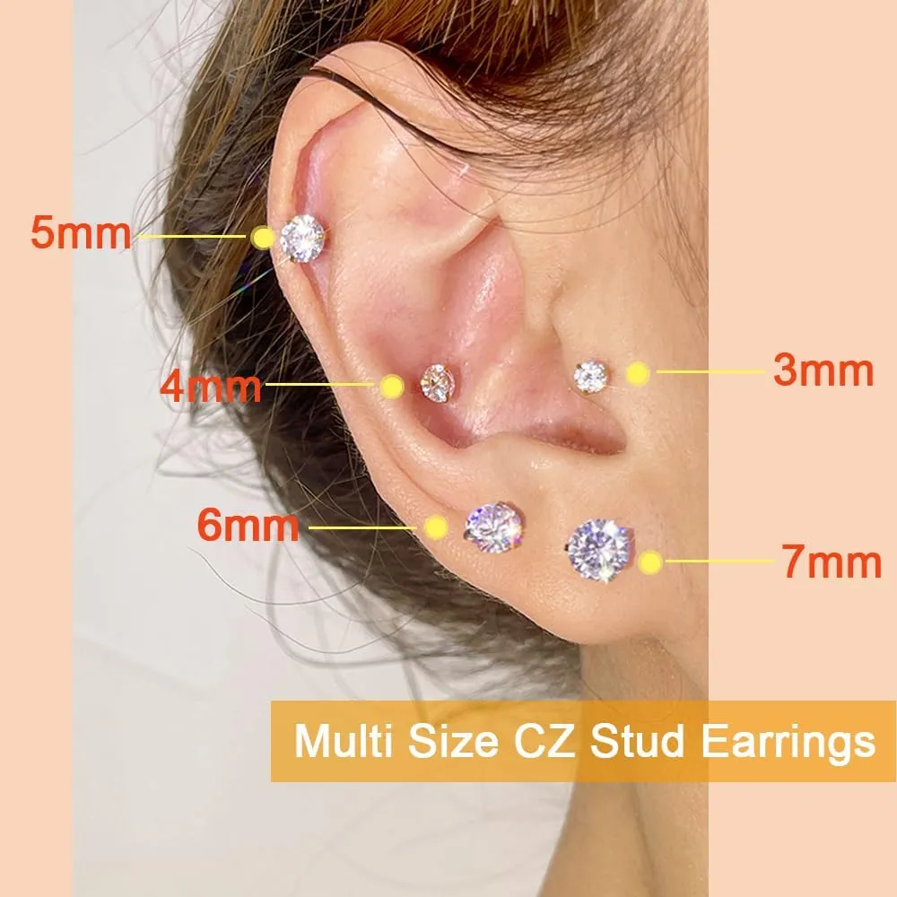 Surgical Steel Stud Earrings Set for Women, Clear Round Cubic Zirconia Earrings Pack, Hypoallergenic 14K White Gold Black Plated 316L CZ Earrings 5 Pairs