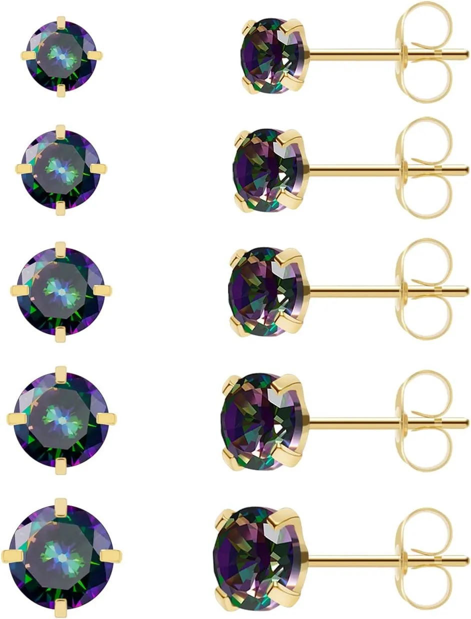 Surgical Steel Stud Earrings Set for Women, Clear Round Cubic Zirconia Earrings Pack, Hypoallergenic 14K White Gold Black Plated 316L CZ Earrings 5 Pairs