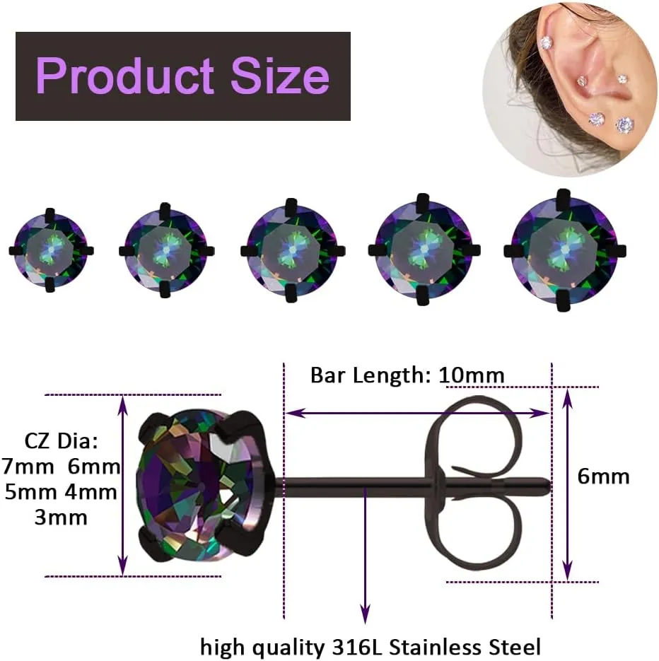 Surgical Steel Stud Earrings Set for Women, Clear Round Cubic Zirconia Earrings Pack, Hypoallergenic 14K White Gold Black Plated 316L CZ Earrings 5 Pairs