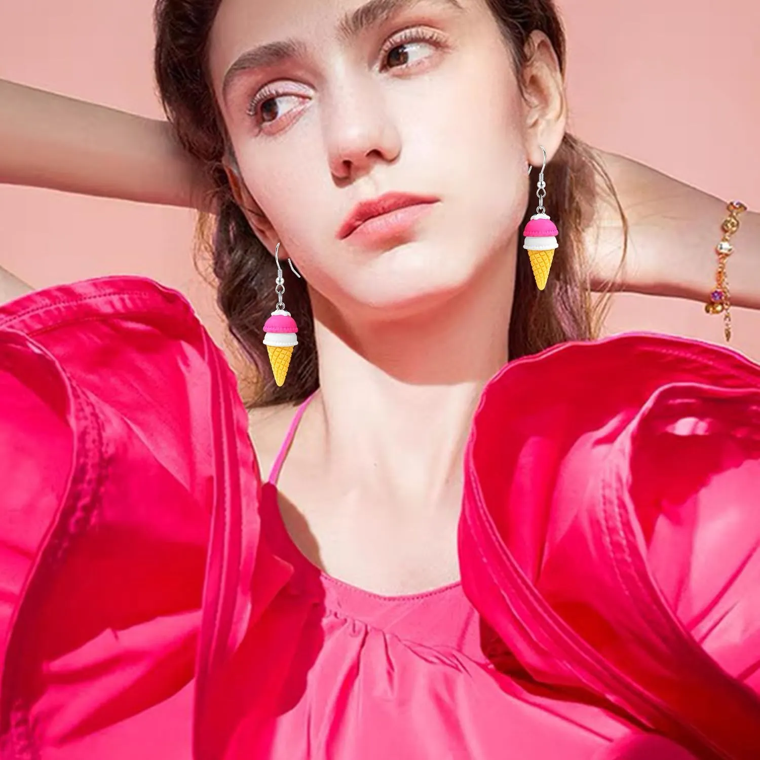 Sweet Cute Double Ball Ice Cream Cone Alloy Soft Clay Dangle Drop Earrings Simulated Cartoon Colored Ice Cream Dangle Drop Earrings for Women Jewelry Gifts