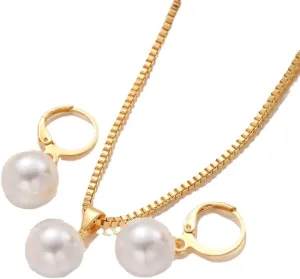 Sweet Pearl Pendant Necklace Earrings Set For Women Jewelry Set For Brides and Wedding