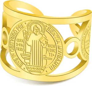 TEAMER Religious Saint Benedict Ring Stainless Steel Resizable St. Benedict Ring Catholic Christian Faith Evil Protection Amulet Jewelry For Women Men