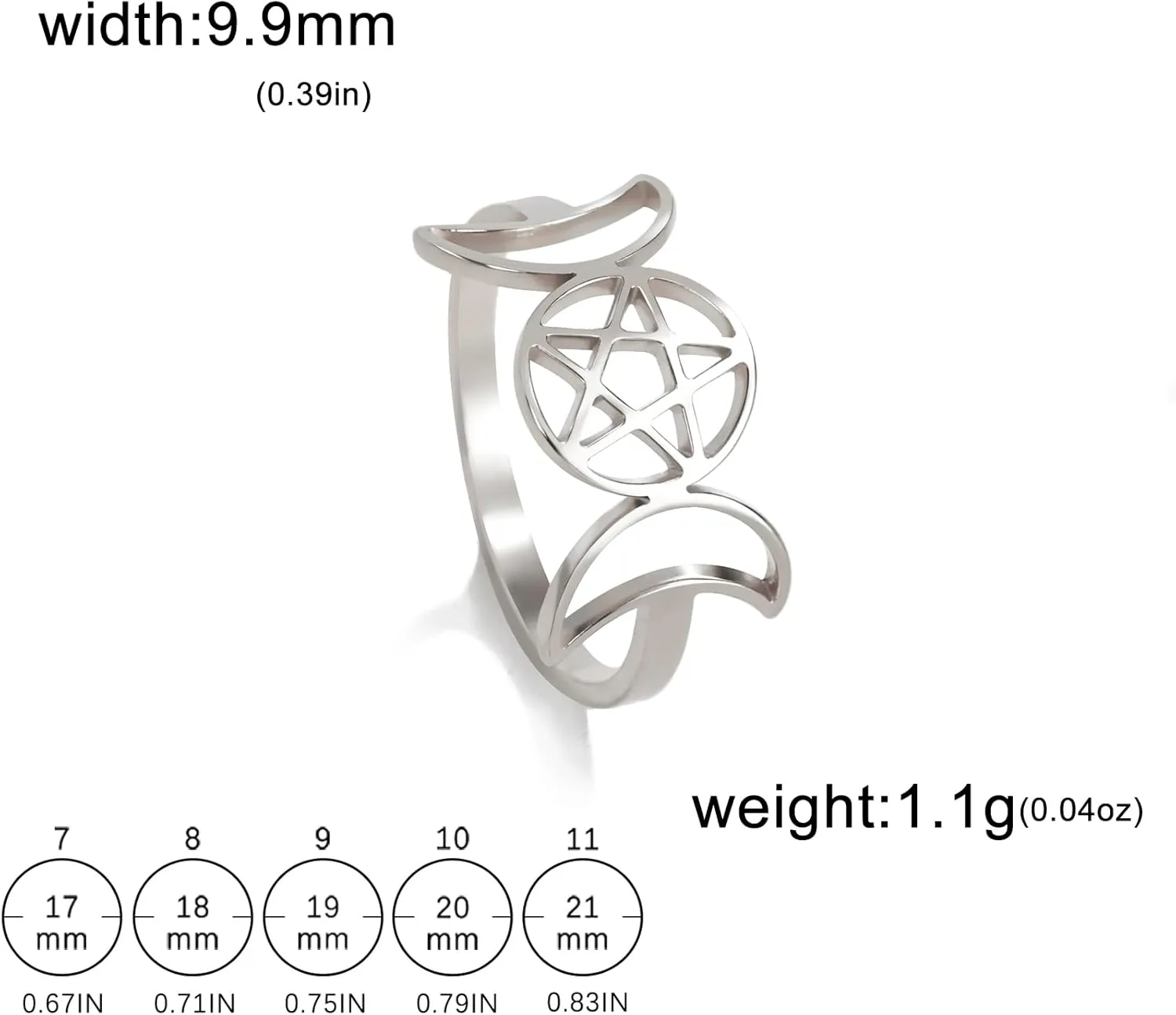 TEAMER Stainless Steel Triple Moon Goddess Ring Amulet Wicca Pentagram Ring Pagan Jewelry for Women