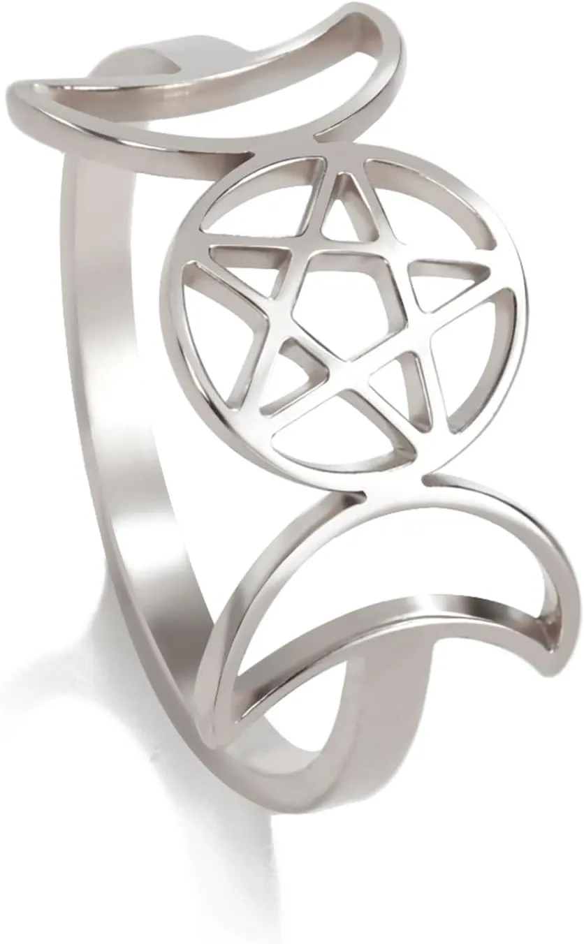TEAMER Stainless Steel Triple Moon Goddess Ring Amulet Wicca Pentagram Ring Pagan Jewelry for Women