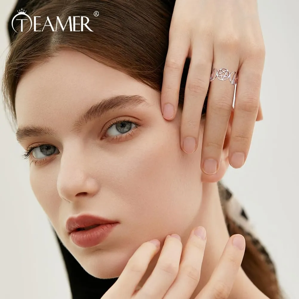 TEAMER Stainless Steel Triple Moon Goddess Ring Amulet Wicca Pentagram Ring Pagan Jewelry for Women