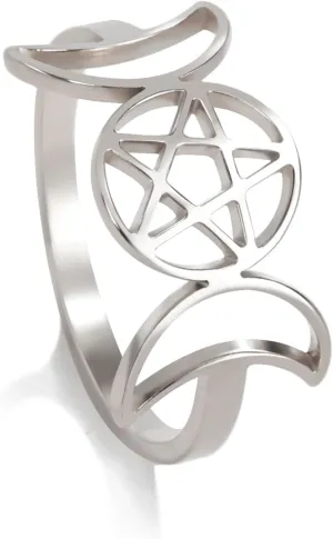 TEAMER Stainless Steel Triple Moon Goddess Ring Amulet Wicca Pentagram Ring Pagan Jewelry for Women