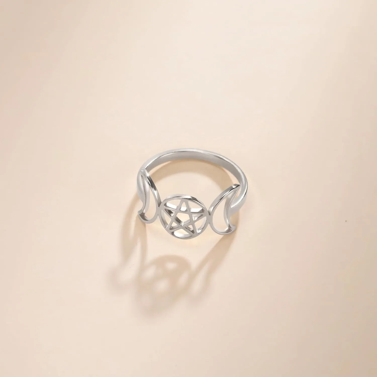 TEAMER Stainless Steel Triple Moon Goddess Ring Amulet Wicca Pentagram Ring Pagan Jewelry for Women