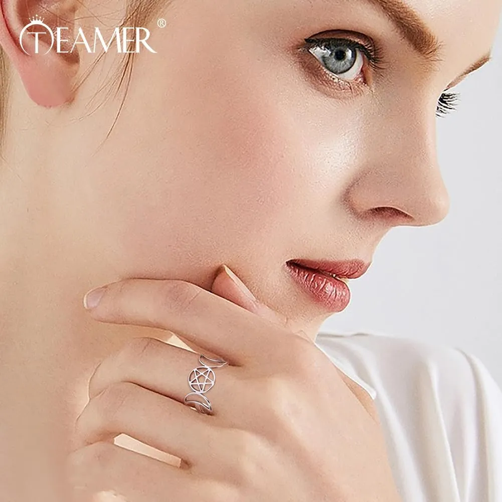 TEAMER Stainless Steel Triple Moon Goddess Ring Amulet Wicca Pentagram Ring Pagan Jewelry for Women