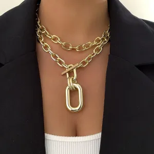 tenghong2021 Layered Chunky Chain Choker Toggle Clasp Necklace Punk Rectangle Oval Pendant Carabiner Necklace for Women